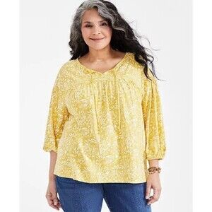 Style & Co Golden Yellow White Floral Split-Neck 3/4-Sleeve Peasant Top 3X Flaw